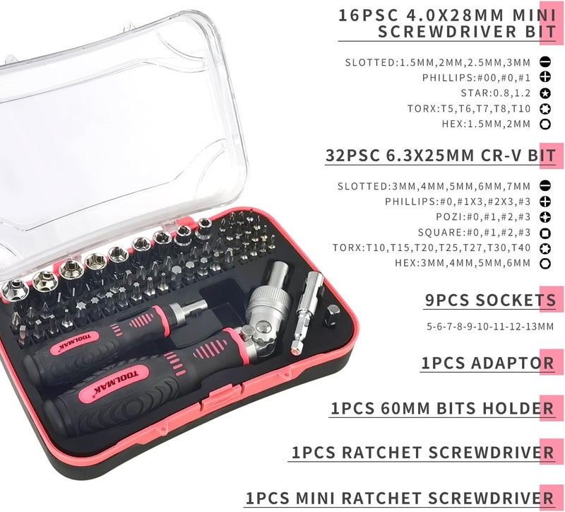 TOOLMAK Ratcheting Screwdriver Set 61pcs Socket Set & Screwdriver Bit Set with Rotatable Ratchet Handles ＆ Storage Case, Household Repair Tool Kits for Bike-Pink - Image 2